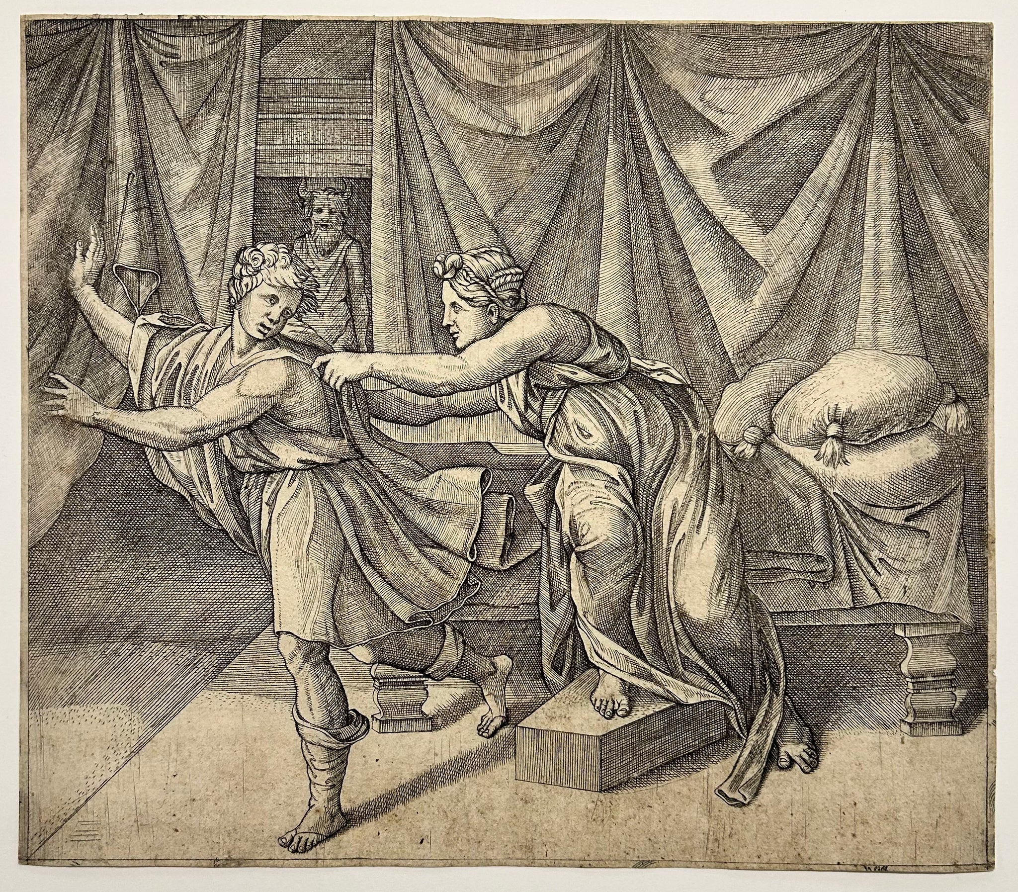 D'après Marcantonio RAIMONDI - Joseph et la femme de Potiphar. Burin d'après la fresque peinte par Raphaël dans les Loges du Vatican. 