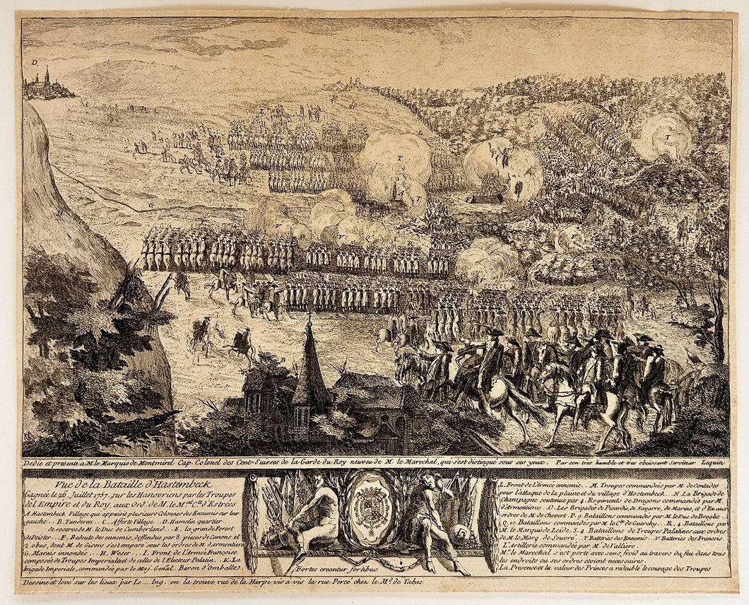 Vue de la Bataille d'Hastembeck (Westphalie), gagnée le 26 juillet 1757 sur les Hanovriens par les Troupes de l'Empire et du Roy, aux Ordres de M. le Maréchal Comte d'Estrée.  c.1757.