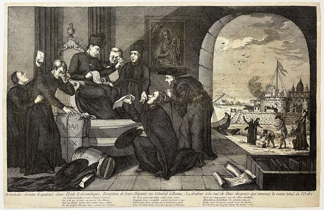 Arrivée des Jésuites dans l'Etat Eclesiastique, Réception de leurs Députés au Général à Rome; Sa douleur à la vüe de leurs disgrace qui annonce la ruine total de l'Ordre.  c.1764.