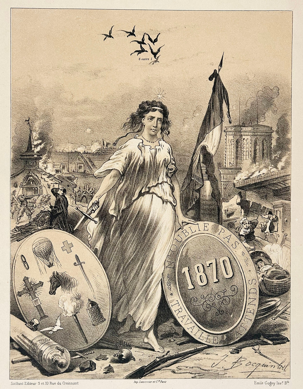 Le ballon. Emblêmes patriotiques. J'ai été exilé de Paris et c'est lui qui m'a apporté des nouvelles de la Capitale. 1870.