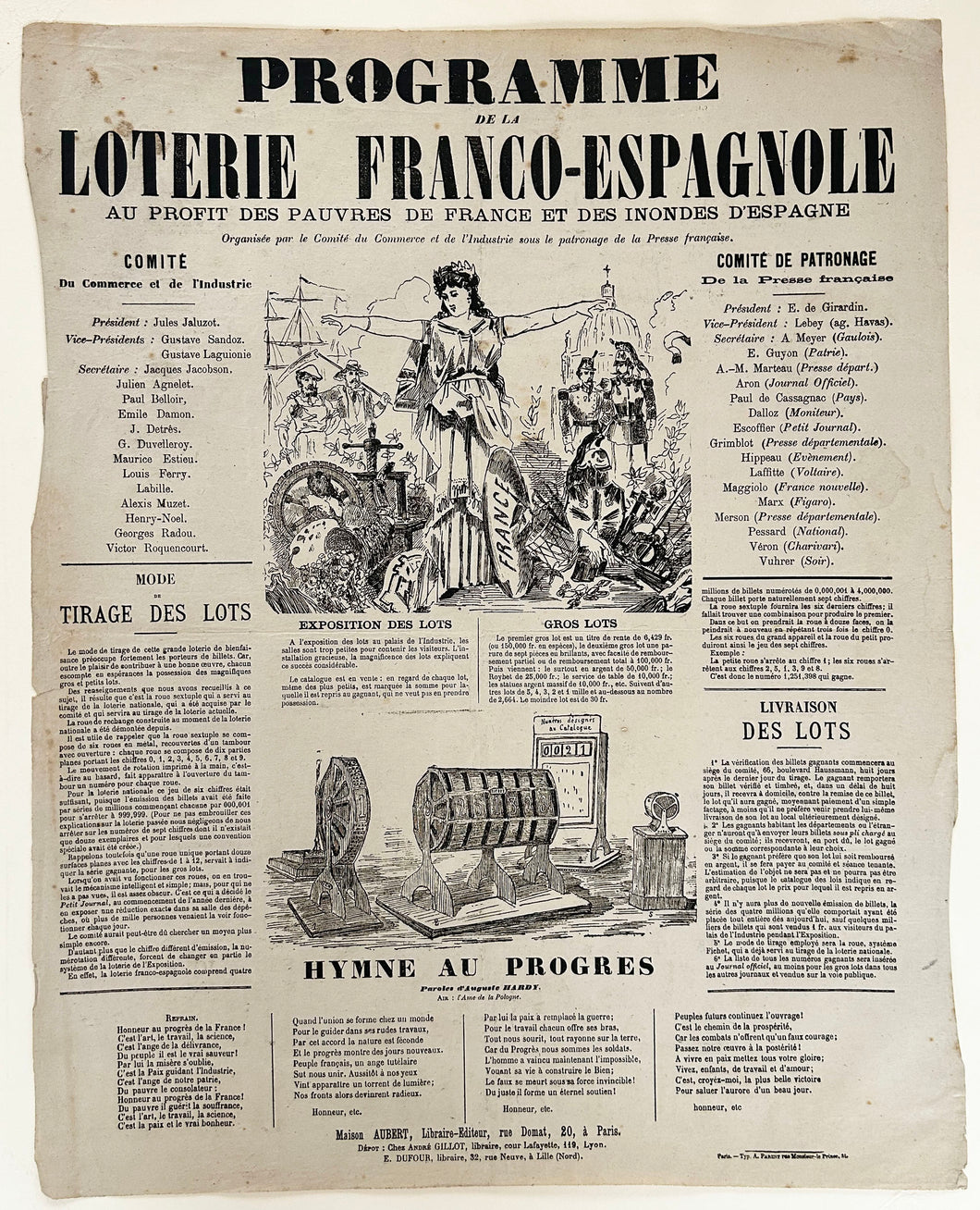 Programme de la Loterie Franco-Espagnole, au profit des pauvres de France et des inondés d'Espagne, organisée par le Comité du Commerce et de l'Industrie sous le patronage de la Presse française.  1879.