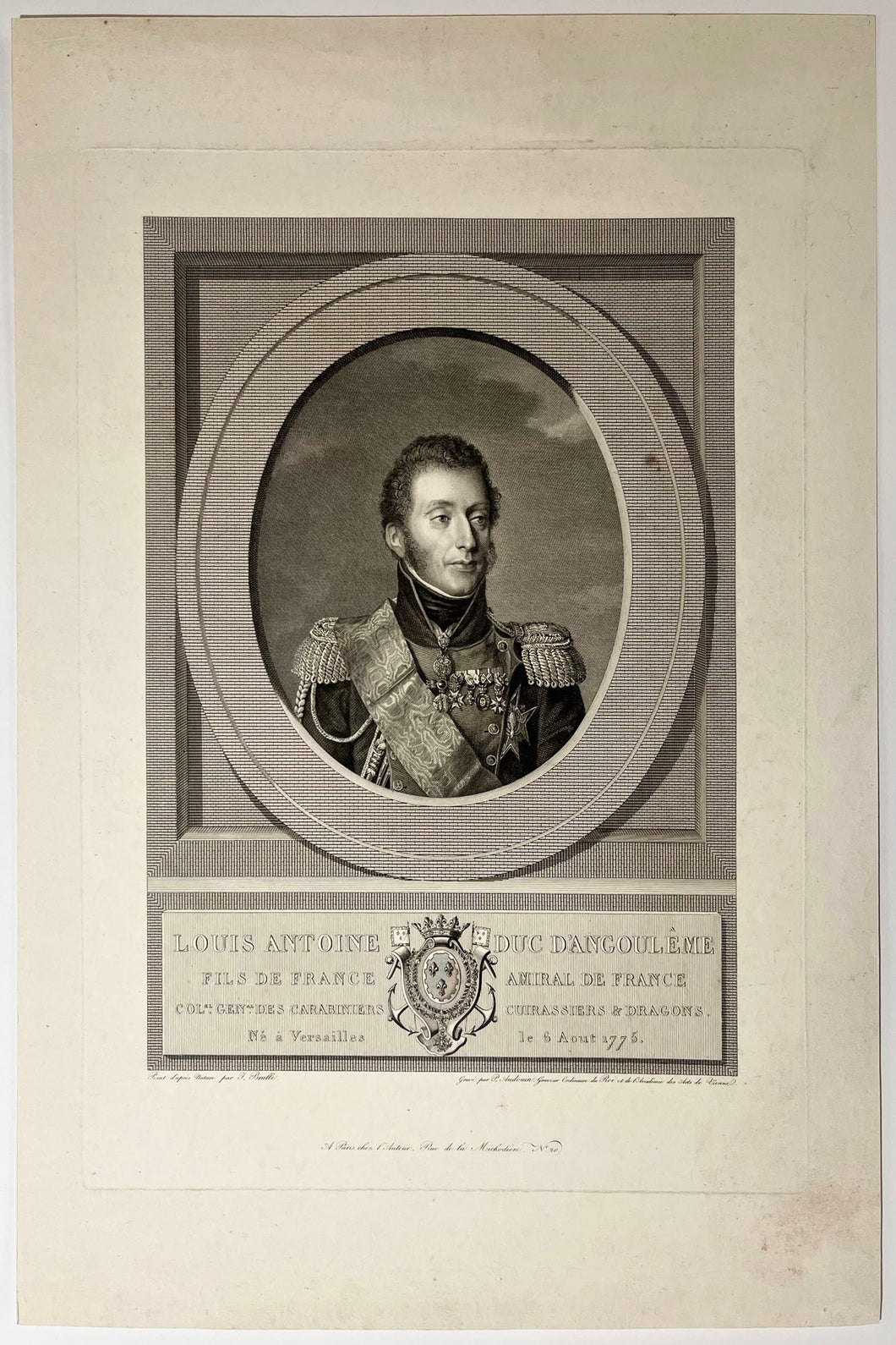 Portrait de Louis Antoine Duc d'Angoulême, Fils de France, Amiral de France, Colonel néral des carabiniers, cuirassiers & dragons (Versaille 1775 † Comté de Gorizia et Gradisca, Italie 1844).  c.1819.