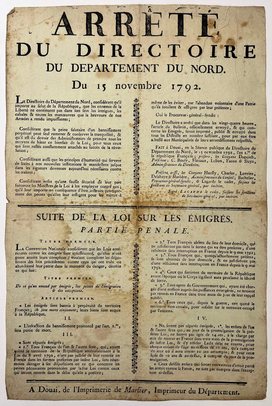 Arrêté du Directoire du Département du Nord, du 15 novembre 1792. Suite de la loi sur les émigrés (partie pénale).  1792.