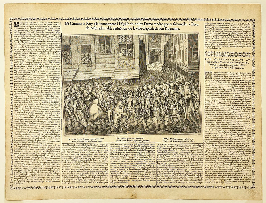 Comme le Roy alla incontinent à l'Eglise de Nostre-Dame, rendre grâces solennelles à Dieu, de ceste admirable réduction de la ville capitale de son Royaume. [Entrée du Roi Henri IV (1553†1610) à Paris le 22 mars 1594].  Entre 1621 et 1632.