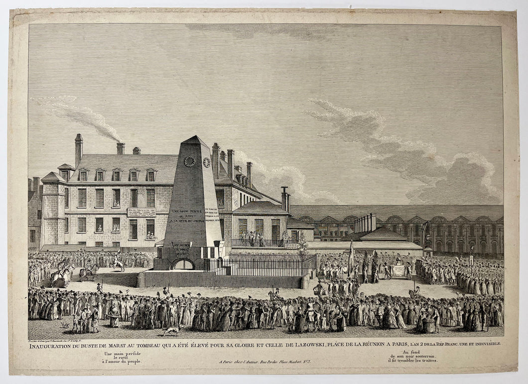 Inauguration du buste de Marat au tombeau qui a été élevé pour sa gloire et celle de Lazowski, Place de la réunion à Paris, l'an 2 de la Rép. Franc., une et indivisible (le 18 août 1793).  1793-1794.