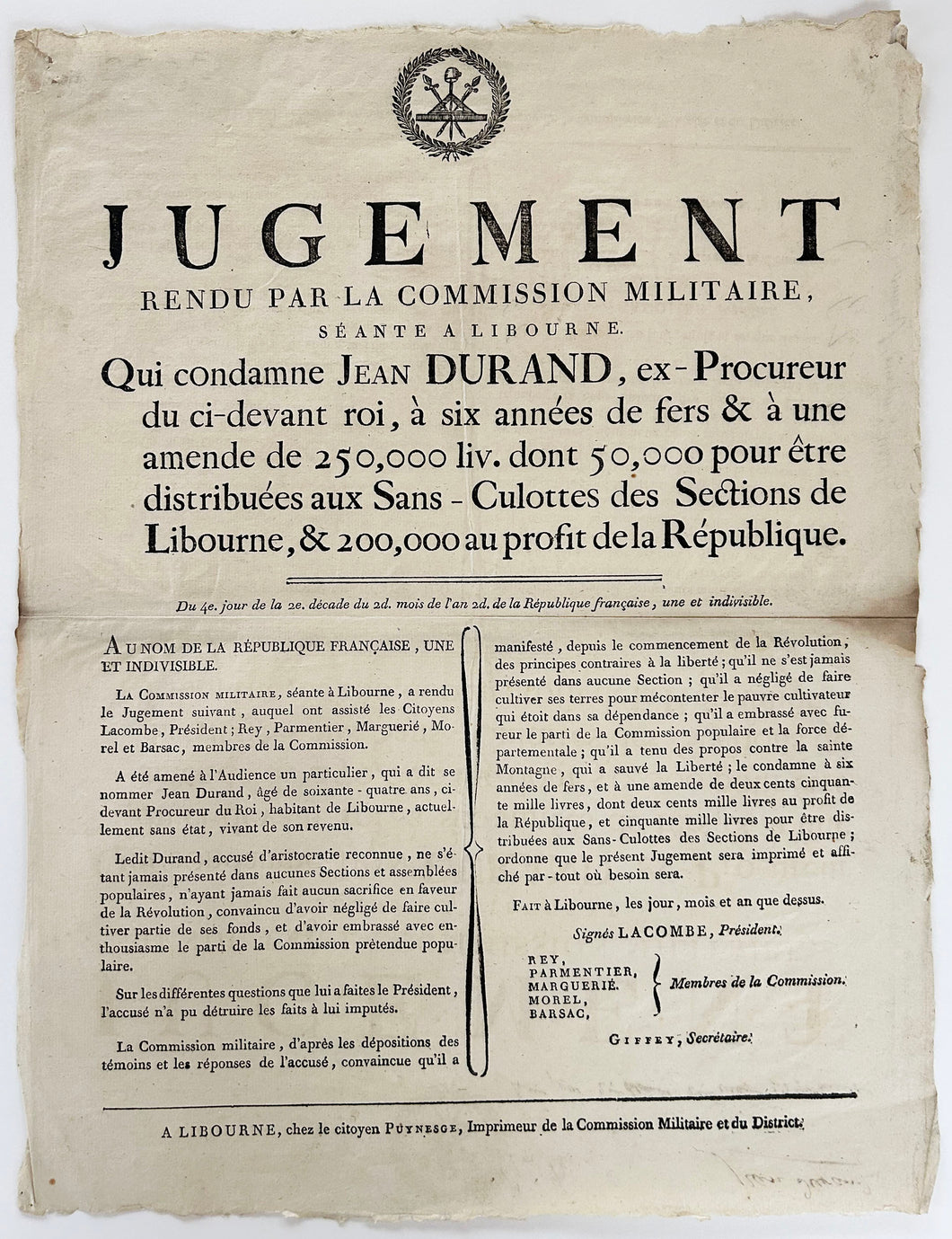 Jugement rendu par la commission militaire, séante à Libourne (le 4 novembre 1793).