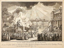 Charger l&#39;image dans la galerie, Vue du Jardin National et des Décorations, le jour de la fête célébrée en l&#39;honneur de l&#39;Etre Suprême le Decadi 20 Prairial l&#39;an 2è de la République française (le 8 juin 1794).  c.1794.
