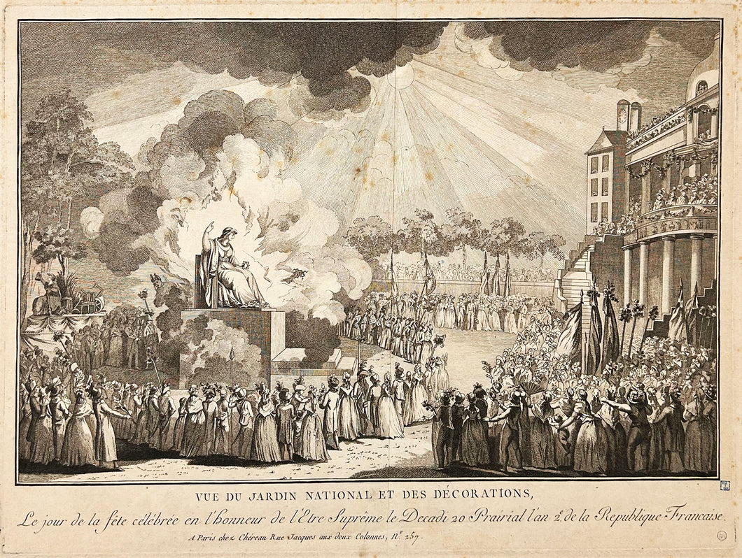 Vue du Jardin National et des Décorations, le jour de la fête célébrée en l'honneur de l'Etre Suprême le Decadi 20 Prairial l'an 2è de la République française (le 8 juin 1794).  c.1794.