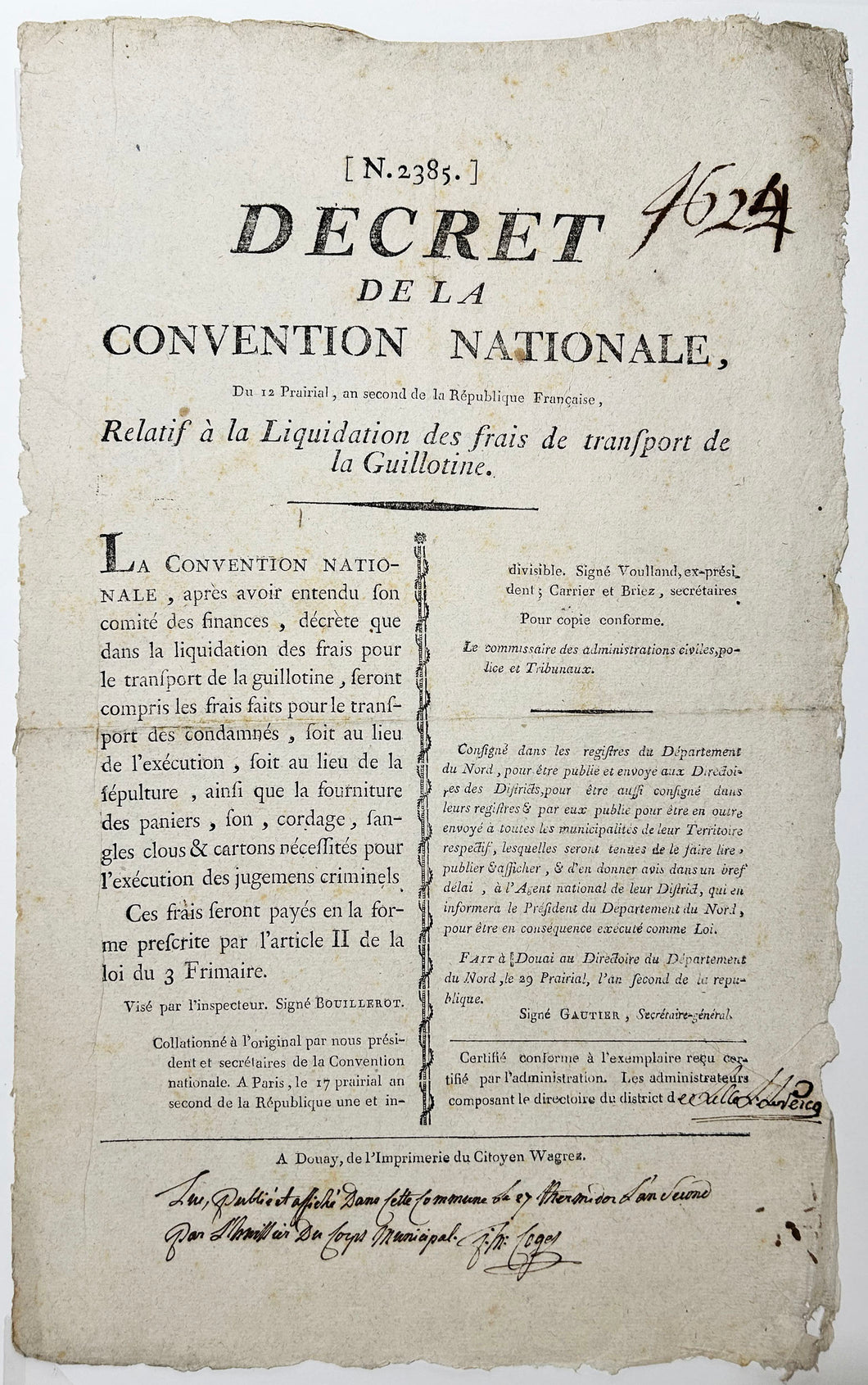 Décret de la Convention Nationale, du 12 Prairial, an second de la République française (2 juin 1794), relatif à la Liquidation des frais de transport de la Guillotine.  1794.