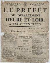 Charger l&#39;image dans la galerie, Le Préfet du Département d&#39;Eure et Loir, relatant à ses concitoyens le 5 nivôse an 9 de la République (26 décembre 1800), la tentative d&#39;assassinat de Napoléon.  1800.
