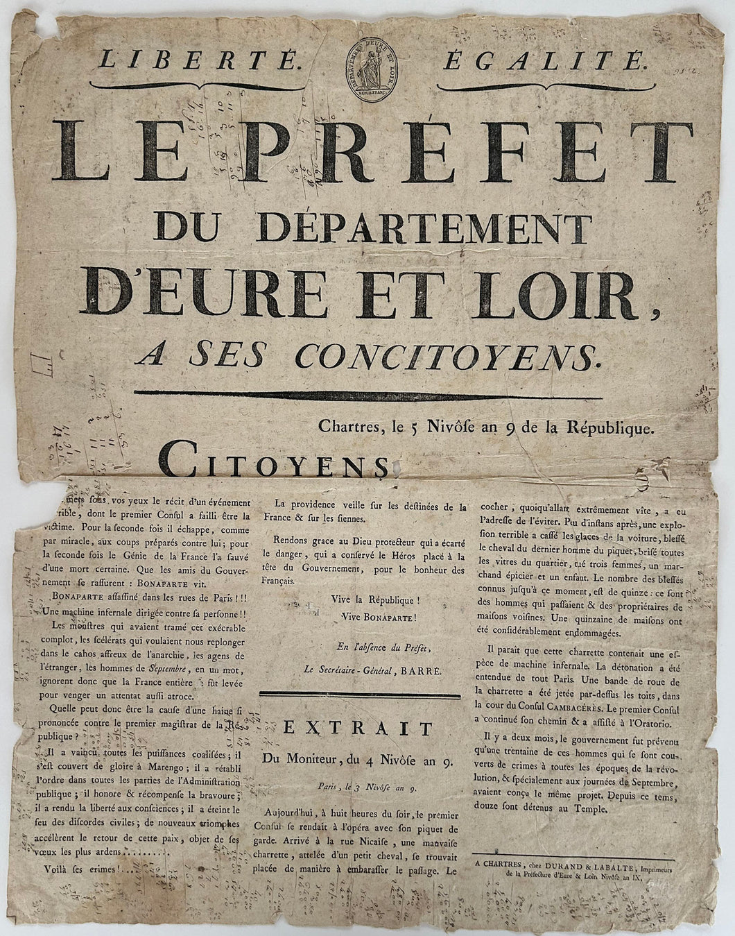 Le Préfet du Département d'Eure et Loir, relatant à ses concitoyens le 5 nivôse an 9 de la République (26 décembre 1800), la tentative d'assassinat de Napoléon.  1800.