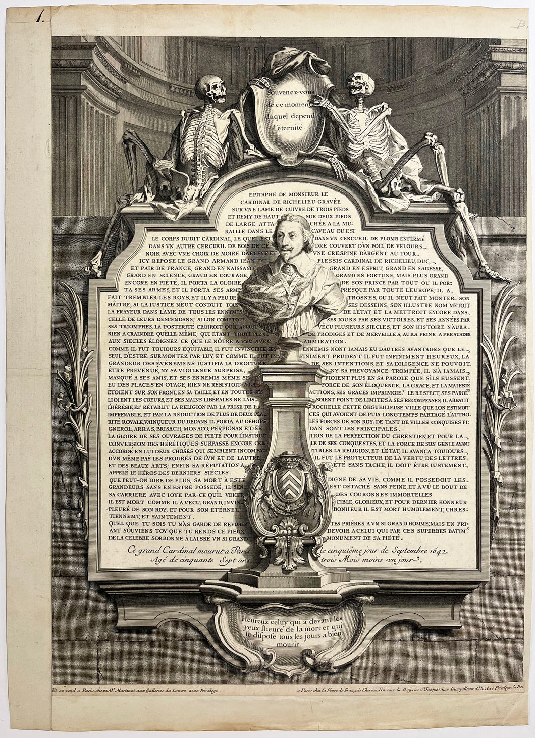 Epitaphe de Monsieur le Cardinal de Richelieu (1585 † 1642). [De la série 