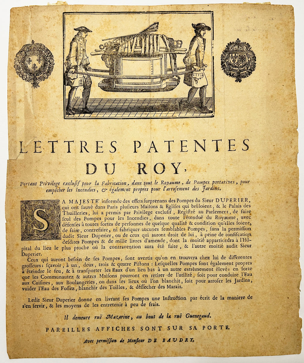 Les pompes incendies portatives. Lettres patentes du Roy, portant privilège exclusif pour la Fabrication, dans tout le Royaume, de Pompes portatives, pour empêcher les Incendies, & également propres pour l'arrosement des Jardins.