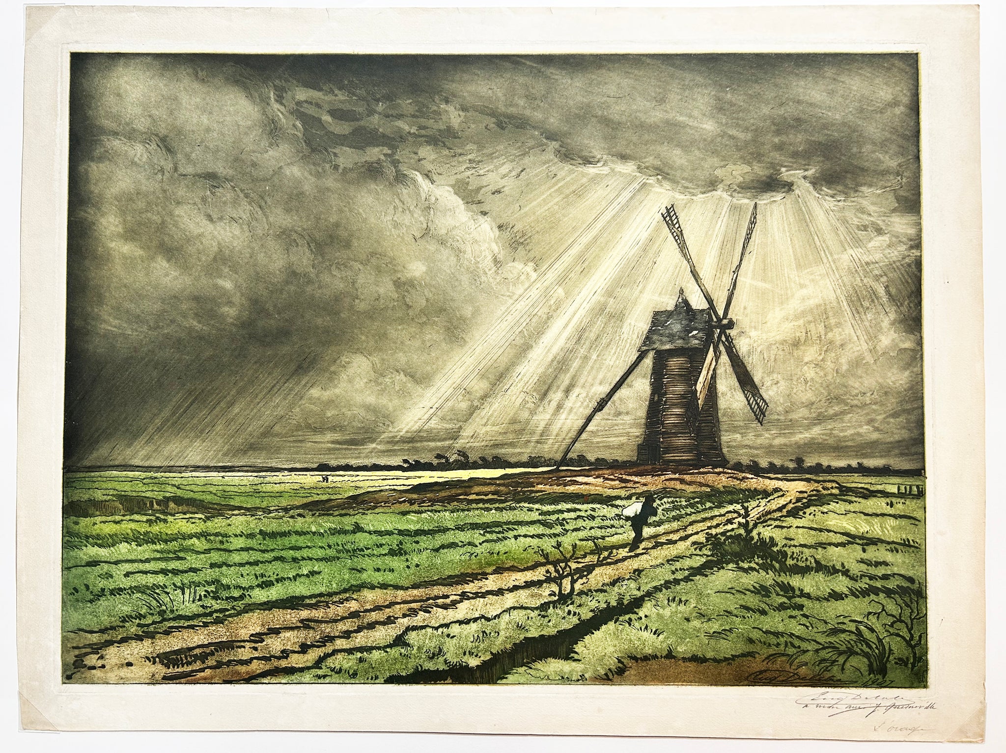 Eugène DELÂTRE - L'orage. 1907. Gravure originale à l'eau-forte et à l'aquatinte, imprimée en couleurs au repérage, signée. 