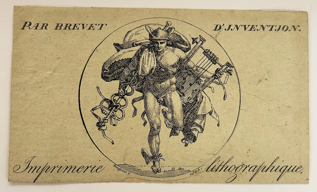Mercure. Vignette à la plume pour le prospectus de l'Imprimerie lithographique installée au 24 Rue St Sébastien, à Paris.  1804.