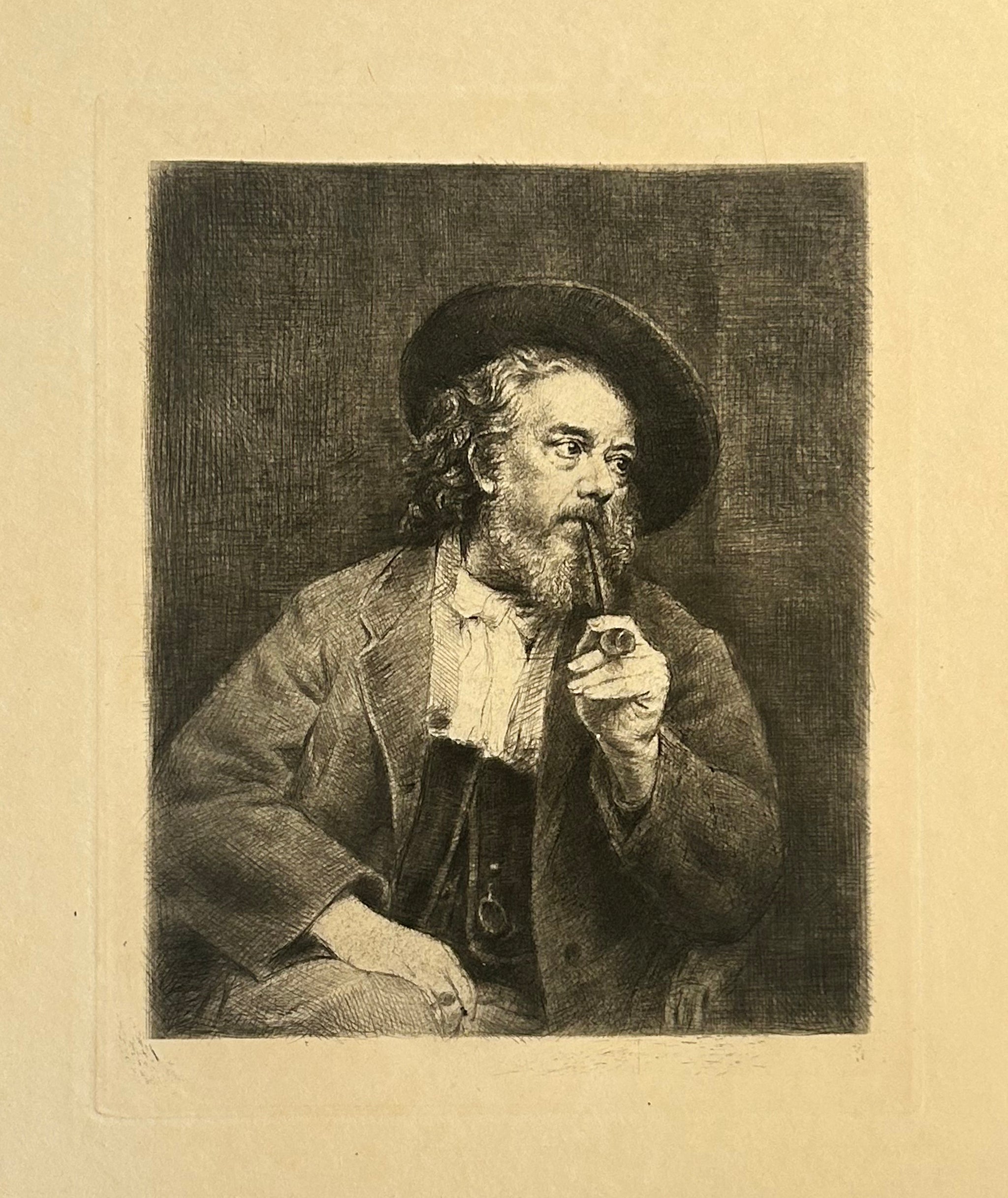 Marcellin DESBOUTIN - Autoportrait. Desboutin tenant sa pipe de la main gauche ou l'auteur fumant, à mi-corps. 1897. Pointe sèche originale. 