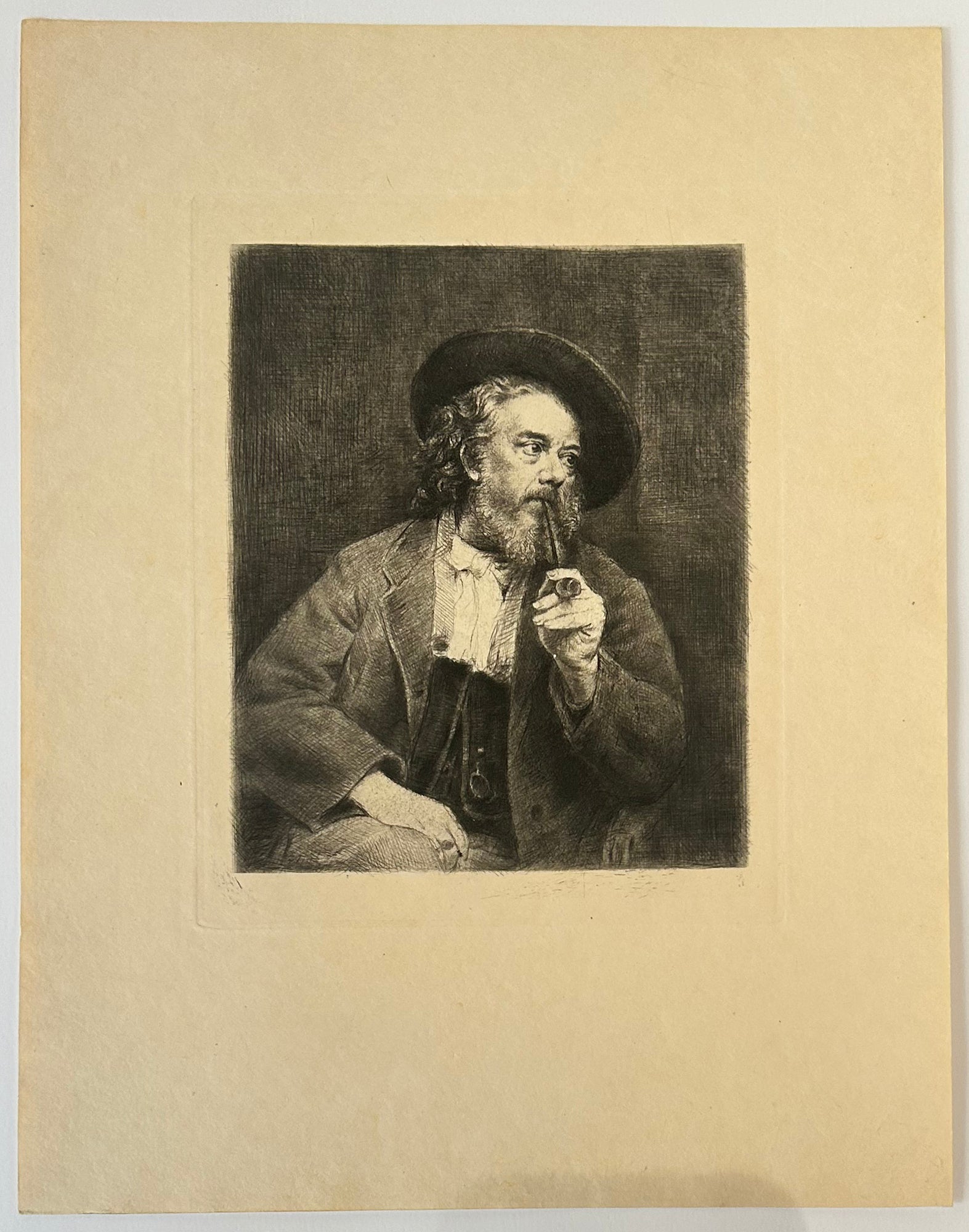 Autoportrait. Desboutin tenant sa pipe de la main gauche ou l'auteur fumant, à mi-corps. 1897.