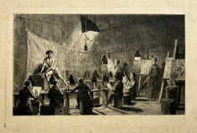 Charger l&#39;image dans la galerie, Auguste BALLIN - Atelier de dessinateurs. Modèle masculin nu dessiné à la lumière d&#39;une lampe par un cours de dessin d&#39;après modèle vivant. 1895. Gravure.
