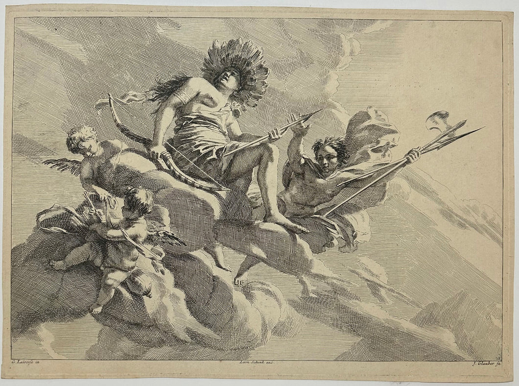 Amérindien avec arc et flèche assis sur un nuage.