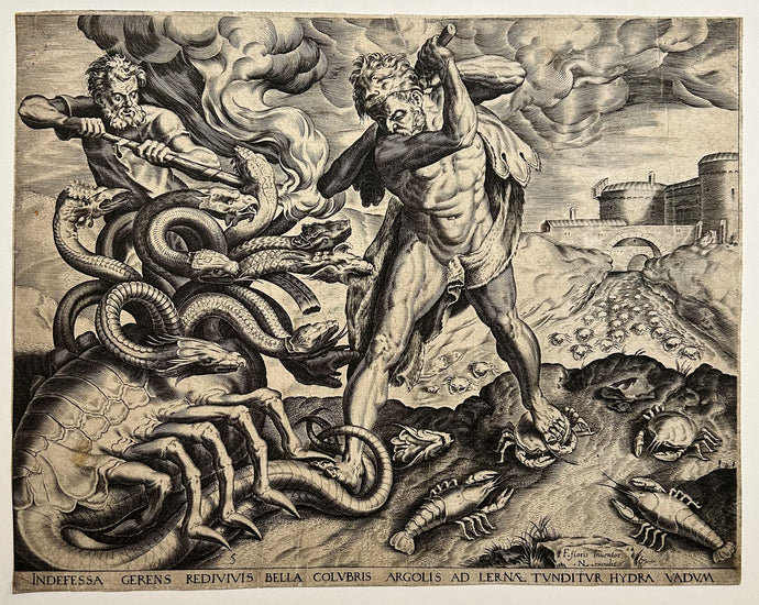 Cornelis CORT - Hercule combattant l'Hydre de Lerne.  1563. Burin d'après Frans Floris.