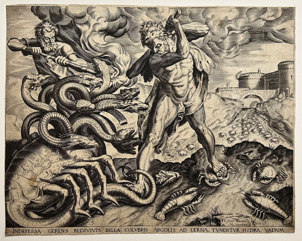 Cornelis CORT - Hercule combattant l'Hydre de Lerne.  1563. Burin d'après Frans Floris.