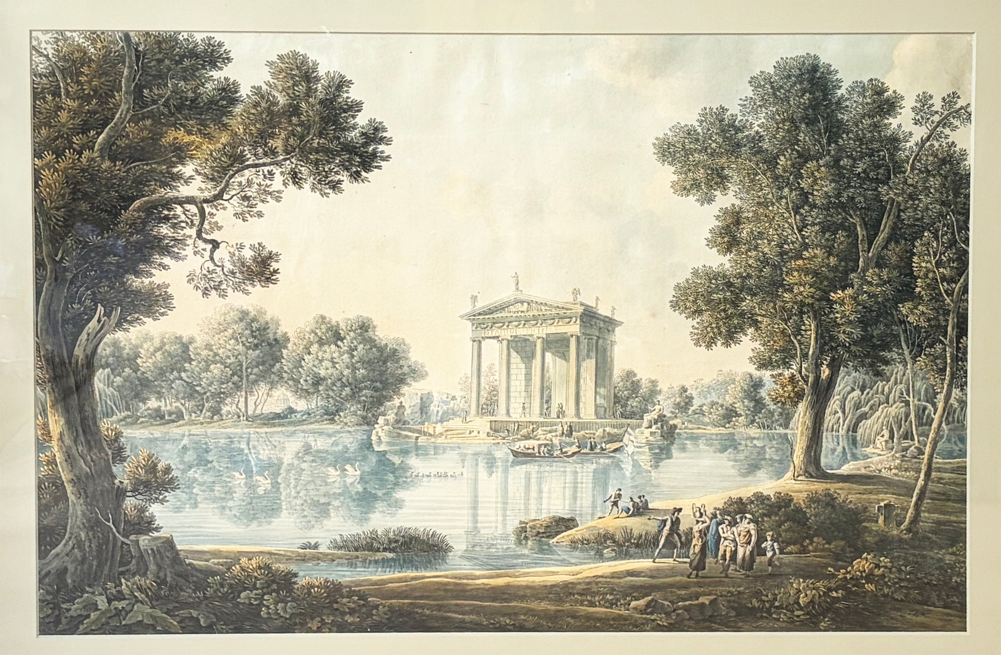 D'après Louis-François CASSAS - Vue du Temple d'Esculape et du Lac de la Villa Borghese à Rome. c.1801. Aquarelle sur trait gravé par Jacques-Louis Bance (Claville 1761 † Paris 1847). 