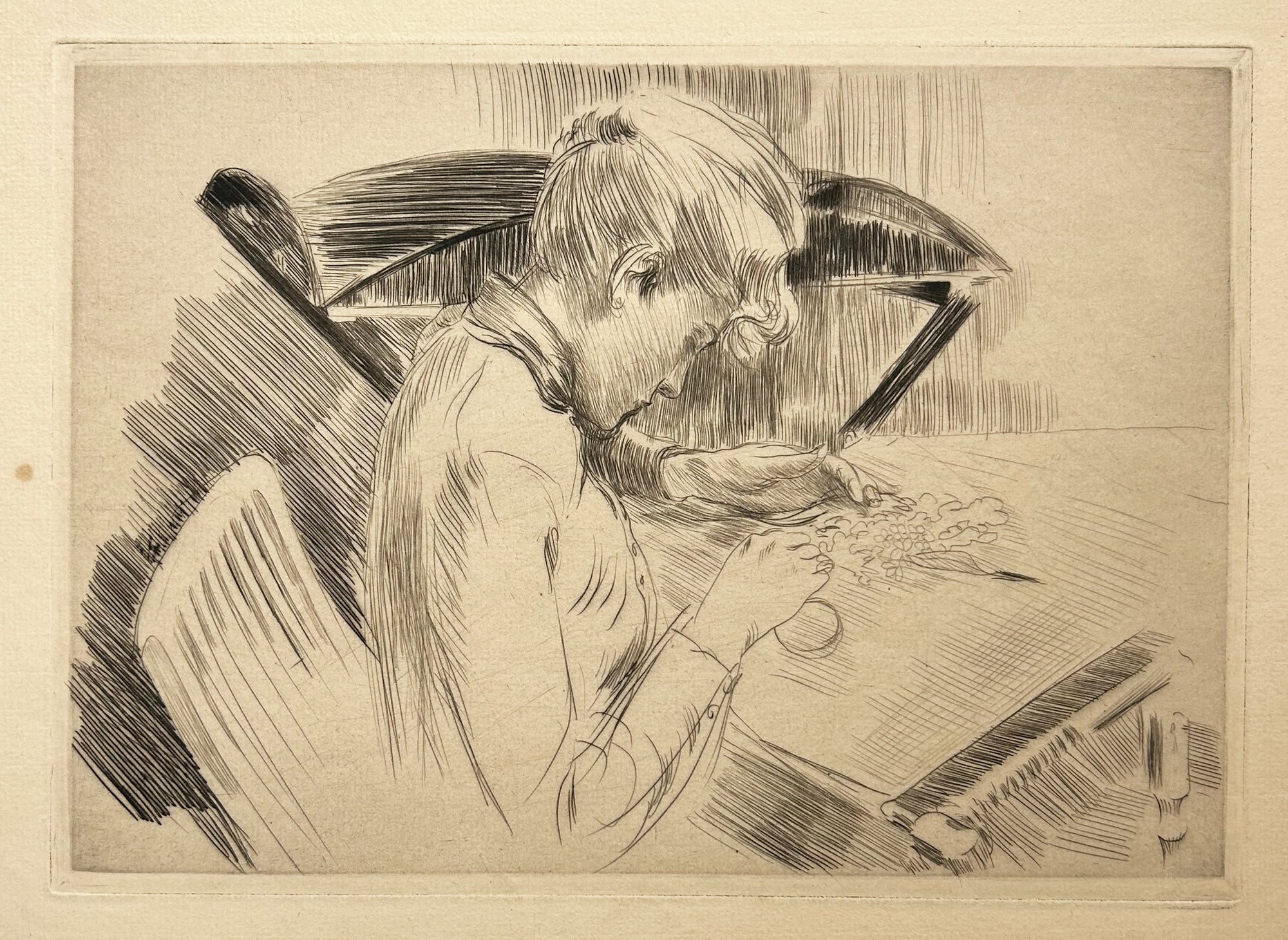 Paul HELLEU - [Jeune femme à la broderie]. Pointe sèche originale. 