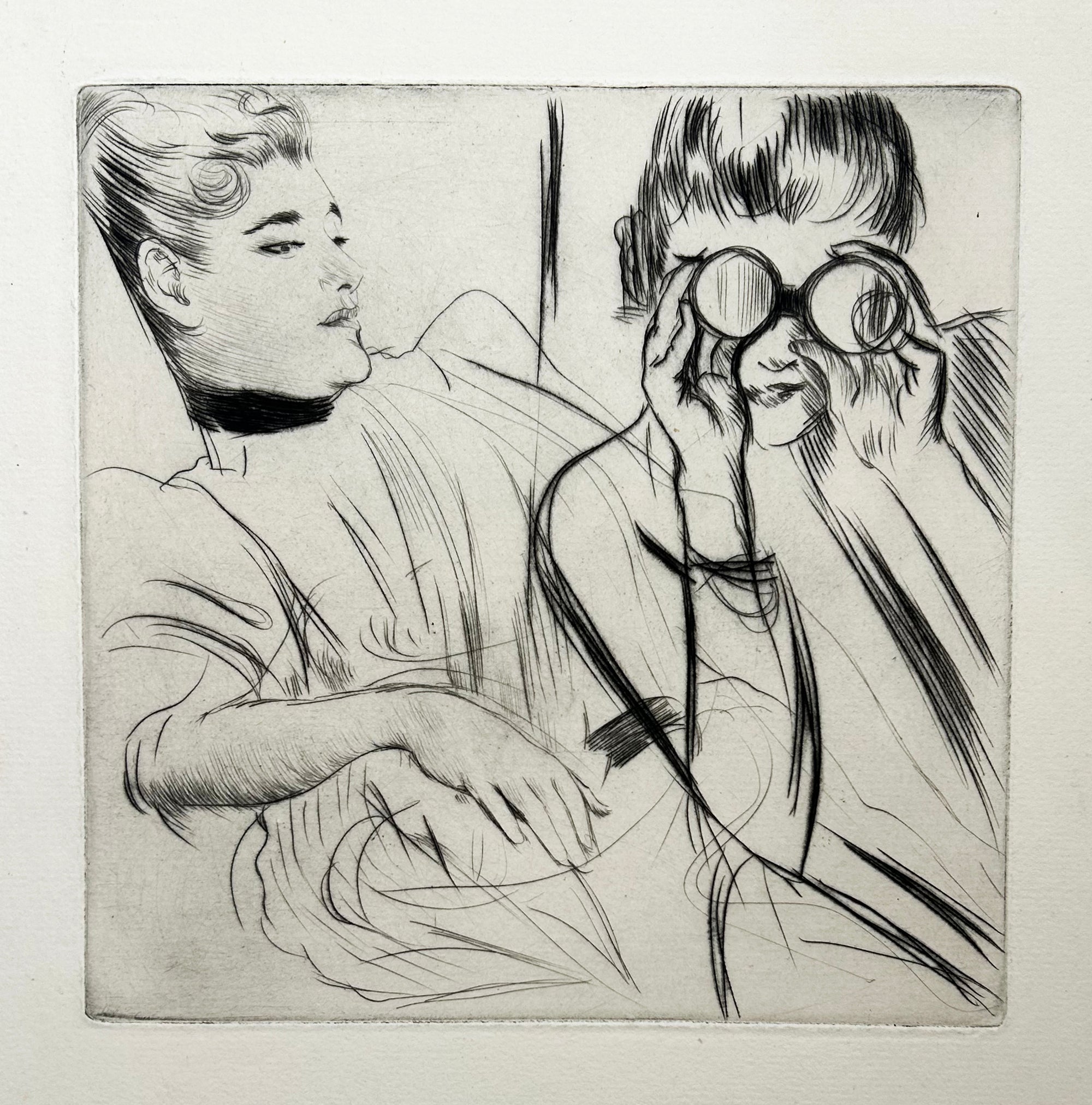 Paul HELLEU - [Etude de deux jeunes femmes dont une avec des jumelles]. Pointe sèche originale. 