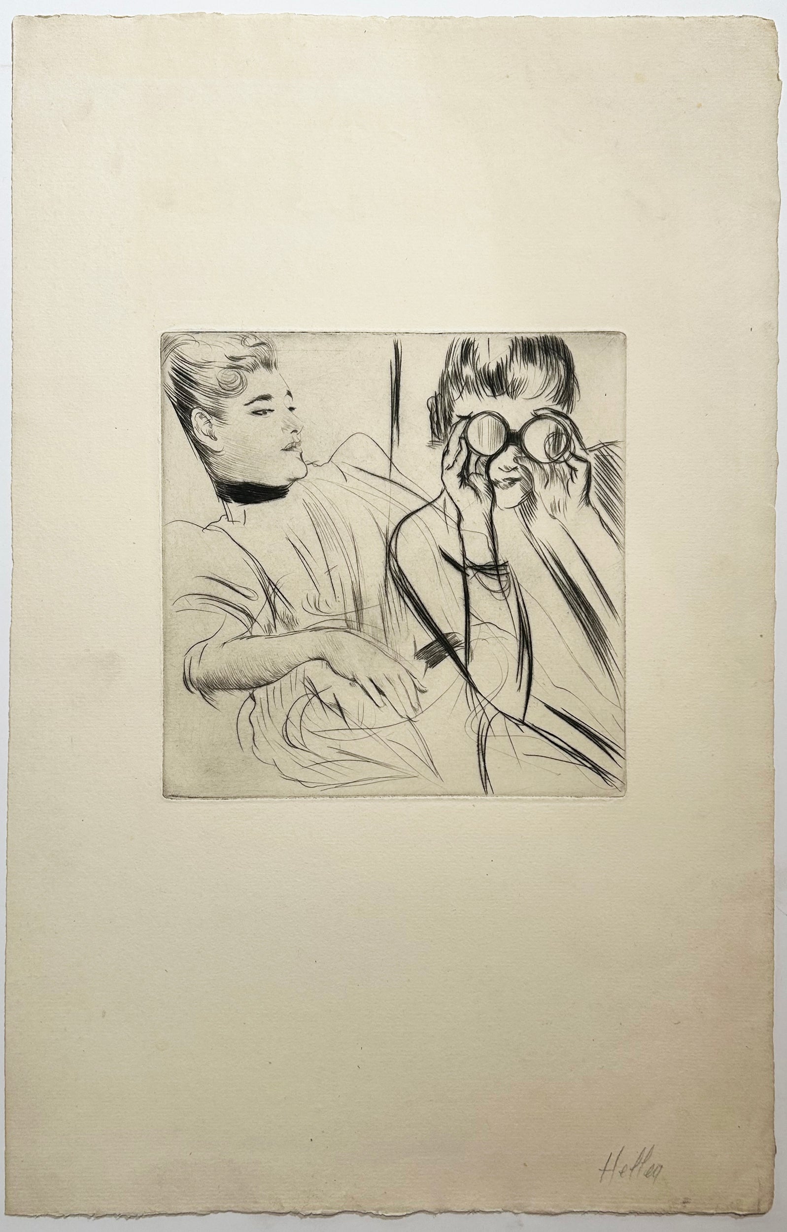 [Etude de deux jeunes femmes dont une avec des jumelles].