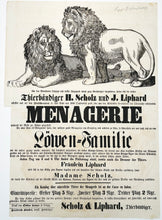 Charger l&#39;image dans la galerie, [Affiche sur la Ménagerie réalisée par les dompteurs d&#39;animaux H. Scholz et J. Liphard à Leipzig]. c.1857.
