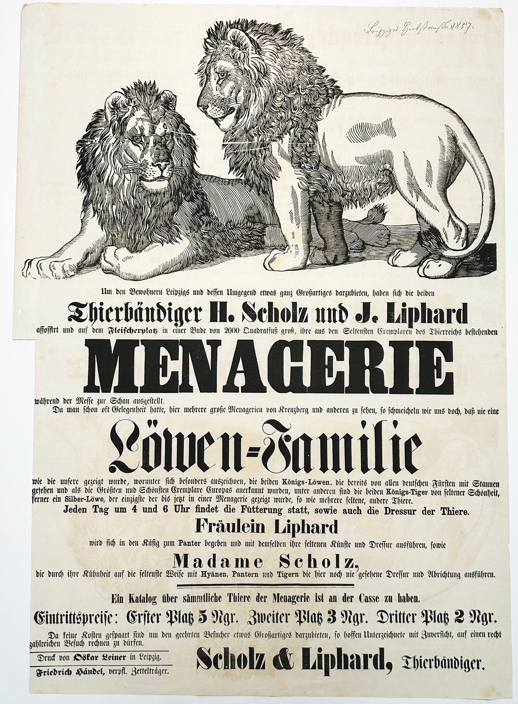 [Affiche sur la Ménagerie réalisée par les dompteurs d'animaux H. Scholz et J. Liphard à Leipzig]. c.1857.