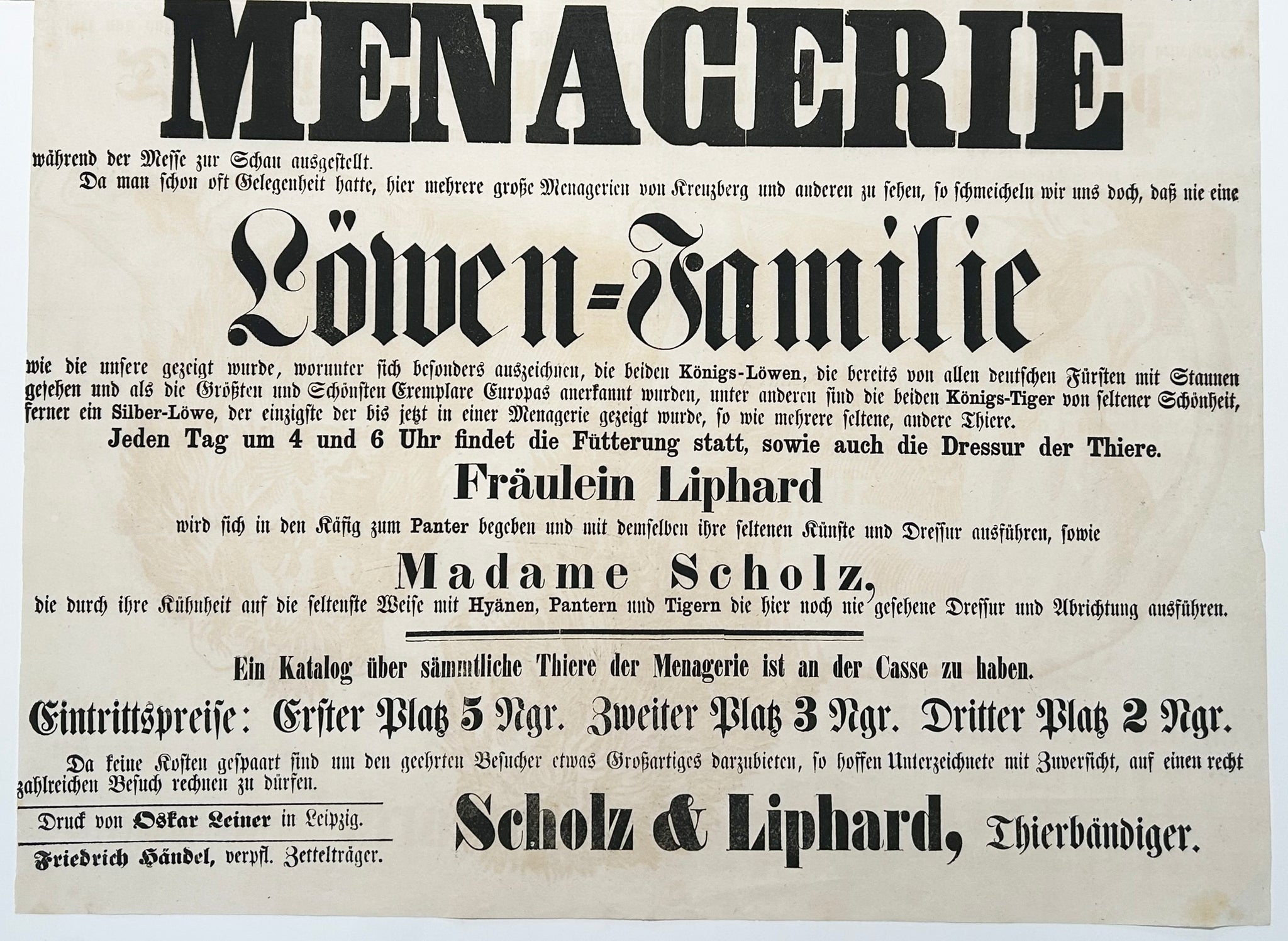 [Affiche sur la Ménagerie réalisée par les dompteurs d'animaux H. Scholz et J. Liphard à Leipzig]. c.1857.