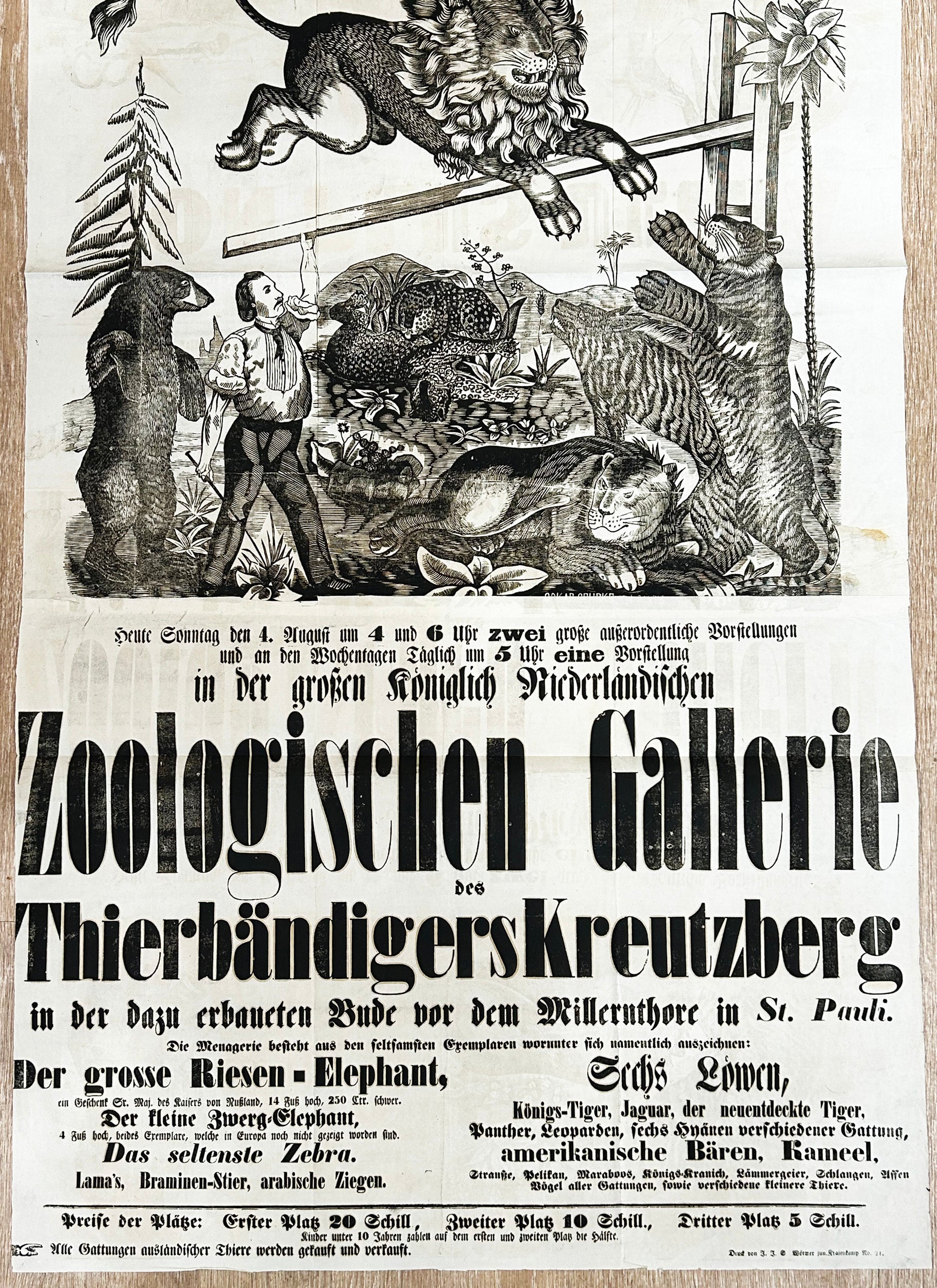 [Affiche pour la Ménagerie itinérante de Gottlieb Christian Kreutzberg, à Hambourg]. 1861.