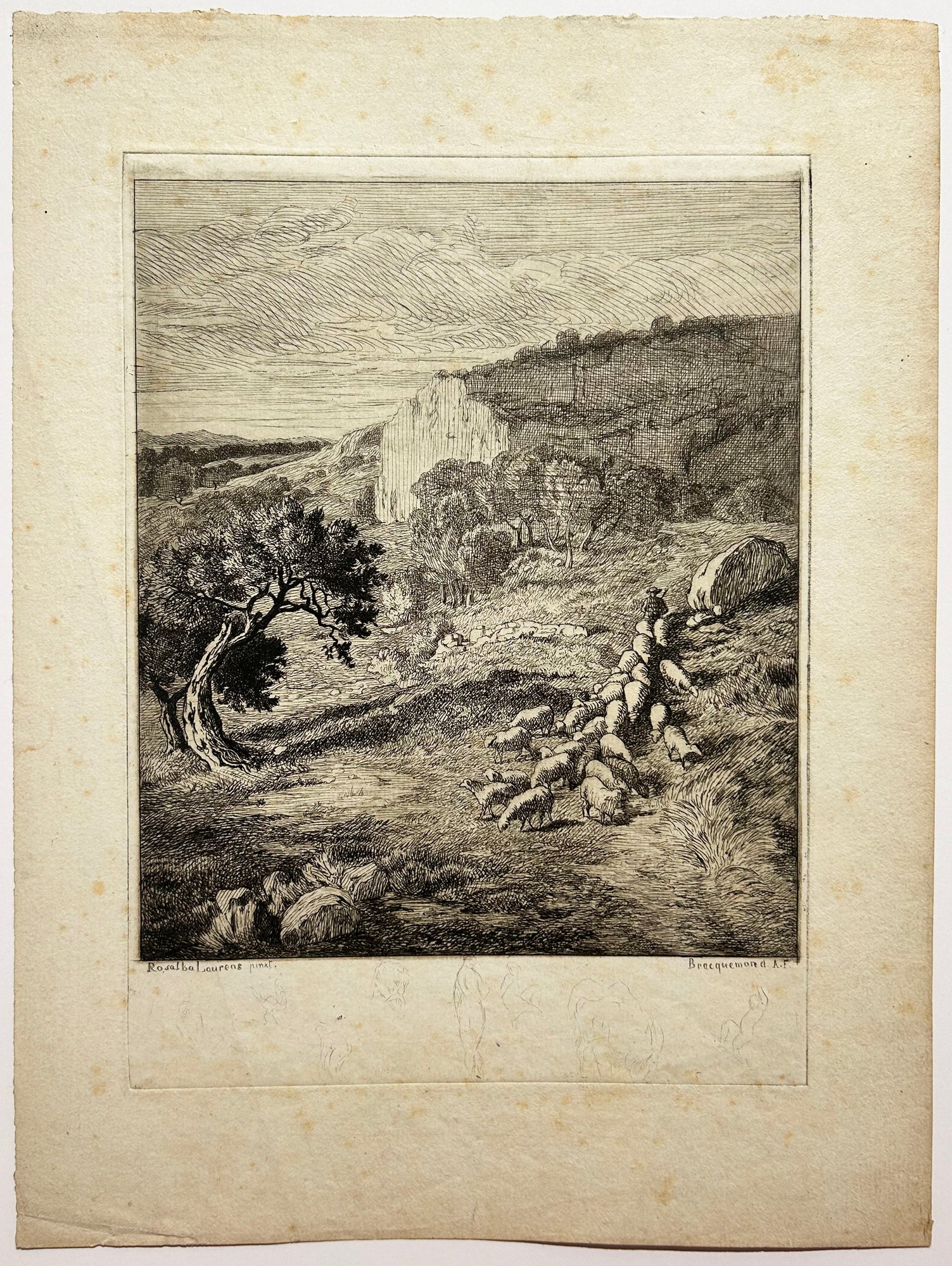 Paysage avec un troupeau de moutons.