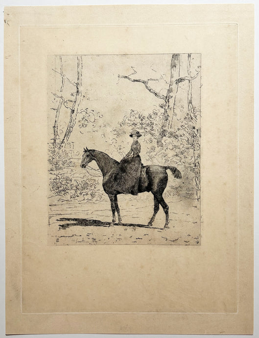 John Lewis BROWN - Cavalière en amazone dans une clairière.  1878. Gravure.