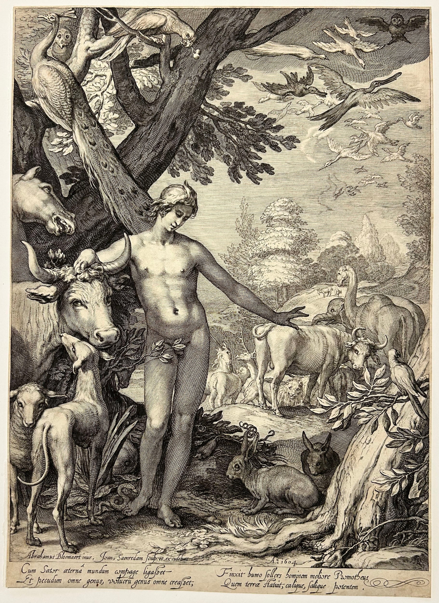 Jan SAENREDAM - Adam nommant les animaux (lapins, lions, licorne, paon, chouette, bœuf…).  1604. Burin d'après Abraham Bloemaert.