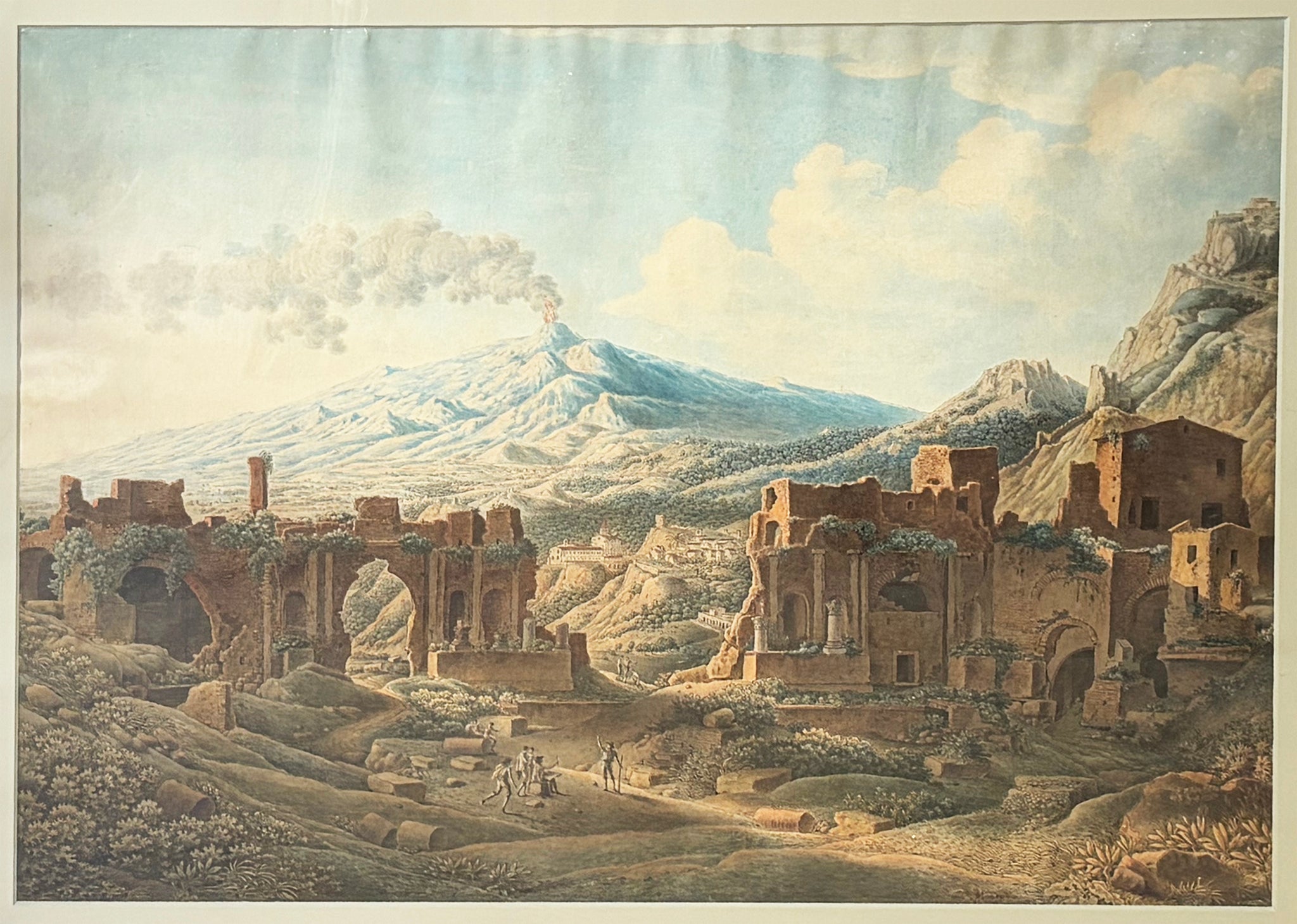 Louis-François CASSAS - Prosçoenium ou avant-scène du Théâtre de Taorminium en Sicile : Le Mont Etna occupe le fond du Tableau. c.1801. Aquarelle originale sur trait gravé. 