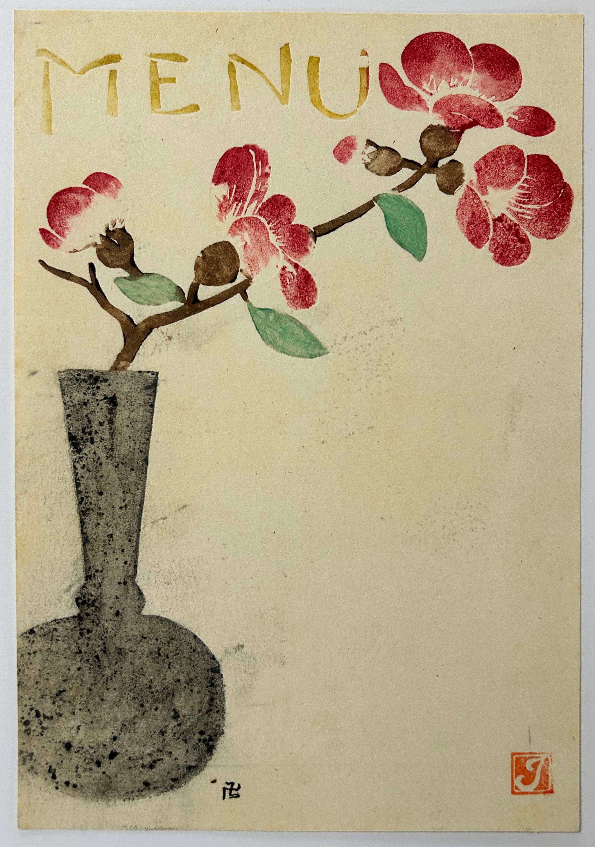 [Vase et branche en fleurs]. Carte menu. 1908-1912.