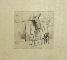 Charger l&#39;image dans la galerie, Ex-libris E. Maindron. [Un homme sur une échelle essayant de ranger une affiche dans un carton à dessin].
