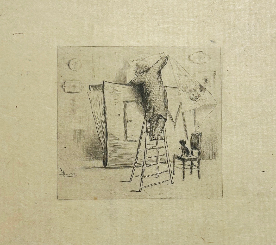 Ex-libris E. Maindron. [Un homme sur une échelle essayant de ranger une affiche dans un carton à dessin].