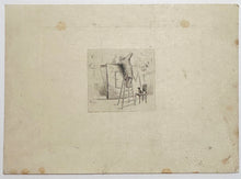 Charger l&#39;image dans la galerie, Ex-libris E. Maindron. [Un homme sur une échelle essayant de ranger une affiche dans un carton à dessin].
