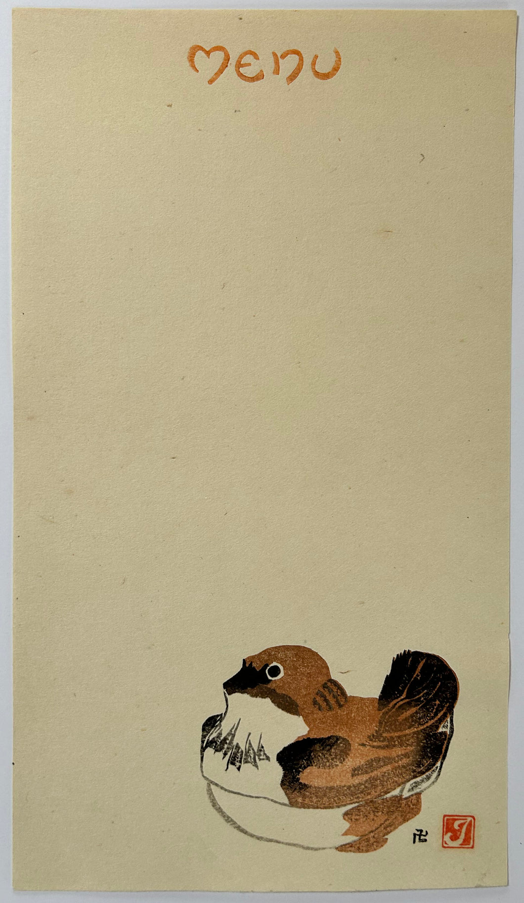 [Kogo en forme de canard mandarin]. Carte menu.  1912-1919.