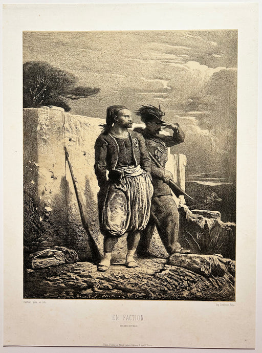 François CHIFFLART - En faction (Guerre d'Italie).  c.1855. Lithographie originale. 
