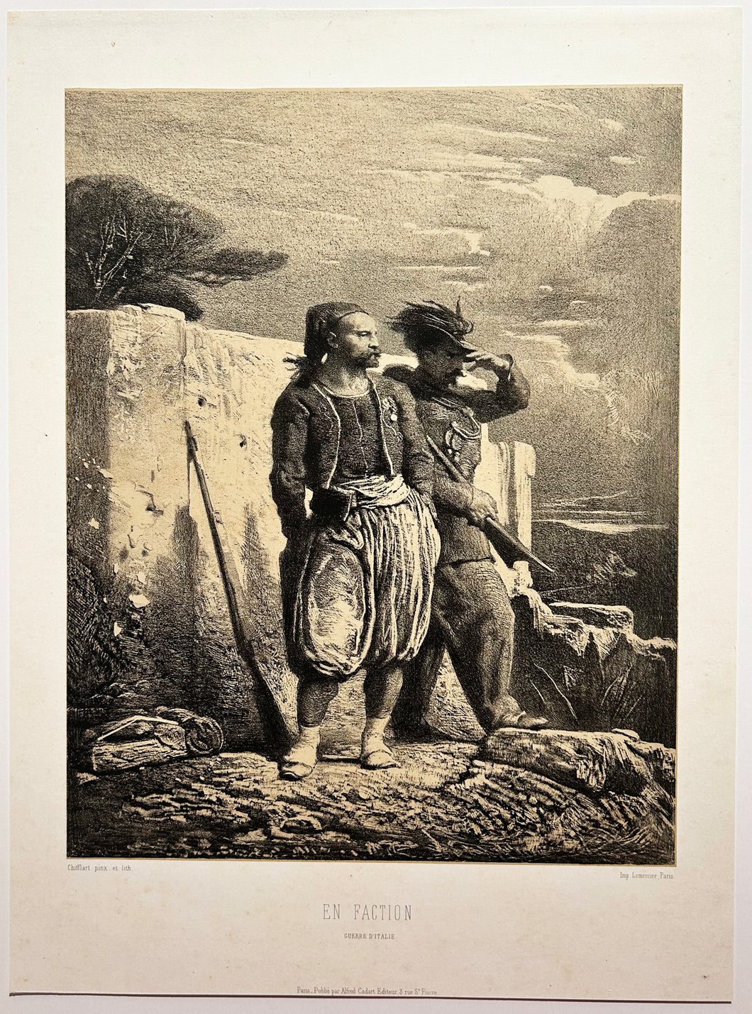 François CHIFFLART - En faction (Guerre d'Italie).  c.1855. Lithographie originale. 