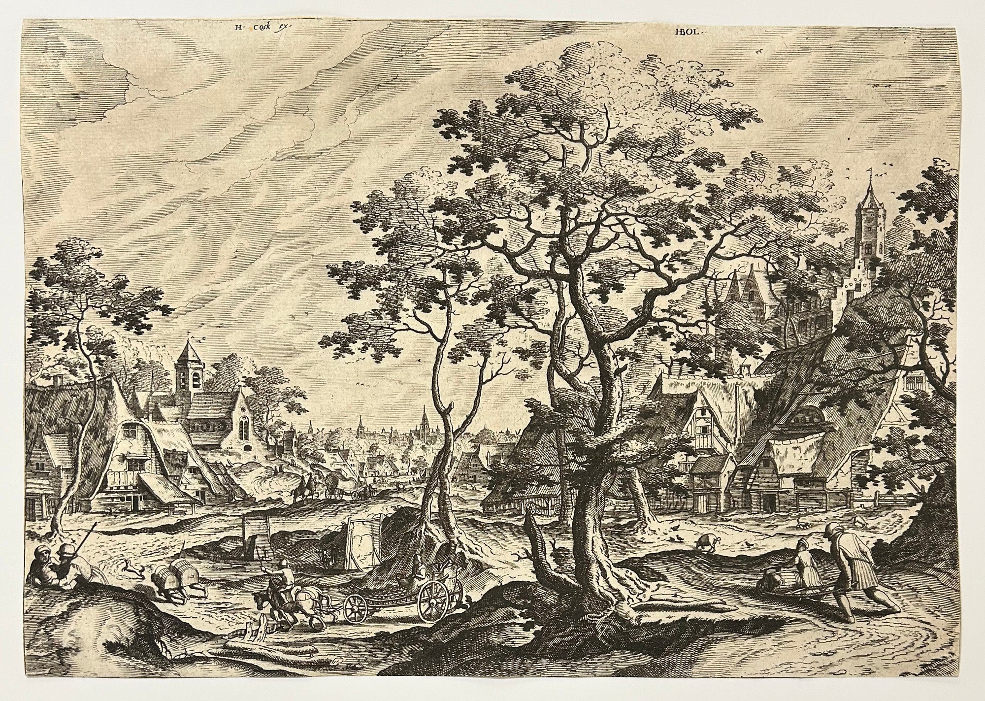 [Paysage animé d'une ville, avec une charette tirée par deux chevaux au premier plan].  1562.