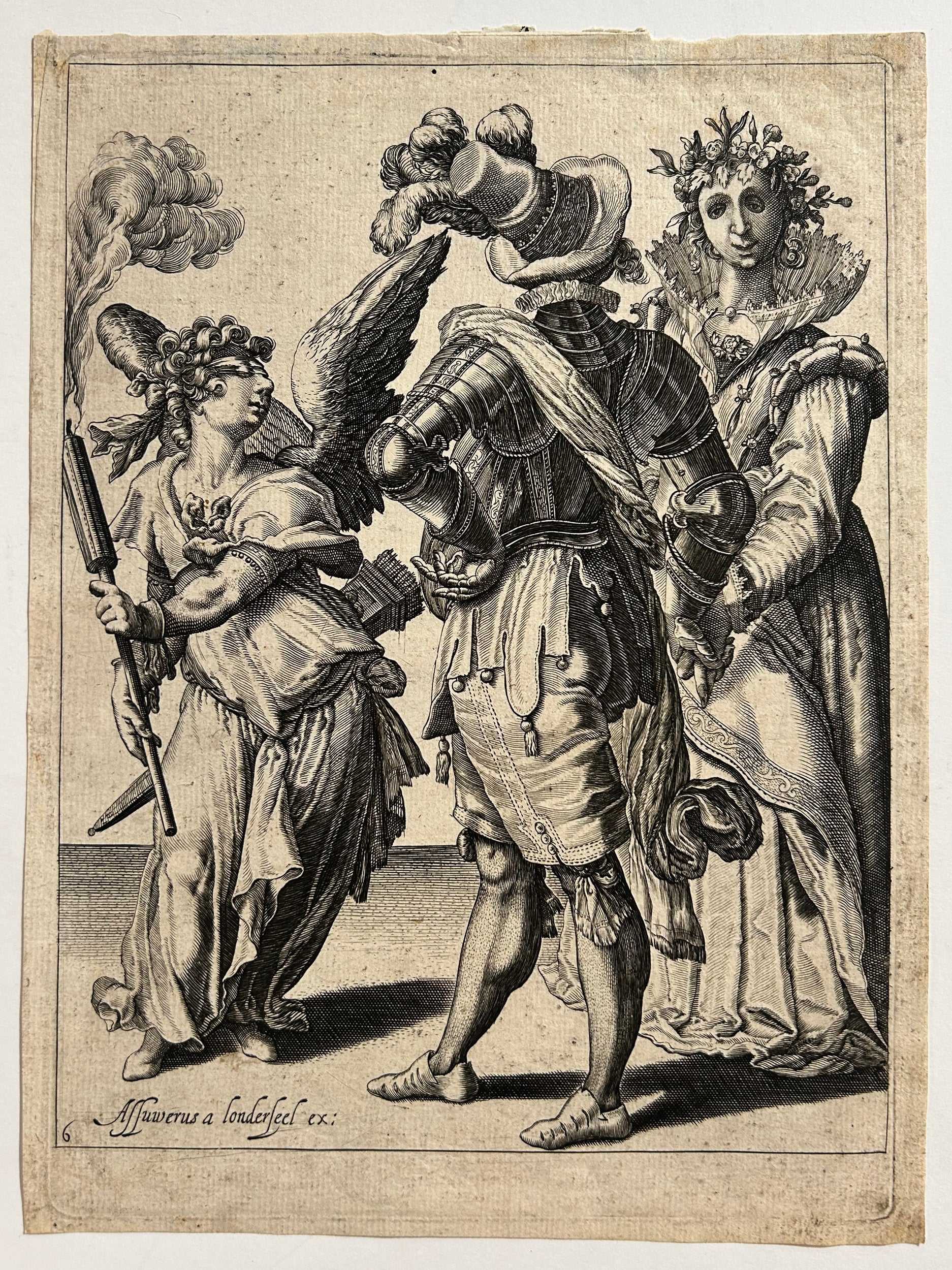 Assuerus van LONDERSEEL - Un Cupidon aux yeux bandés tenant une torche devant un couple. Gravure à l'eau-forte et au burin par un anonyme, d'après Jacob de Gheyn II 