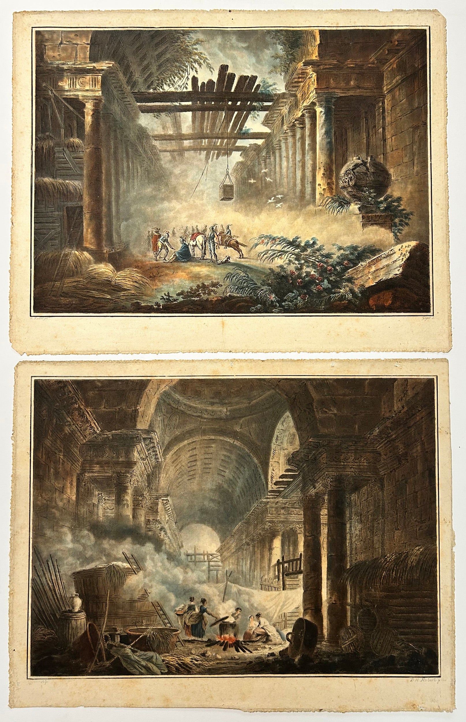 Laurent GUYOT - Ruine de la partie intérieure d'une Basilique de Rome & Ruine d'une Galerie antique de Rome.  1795. Paire de gravures à l'eau-forte et à l'aquatinte d'après les tableaux exécutés par Hubert Robert (Paris 1733 † 1808), imprimées en couleurs au repérage. 