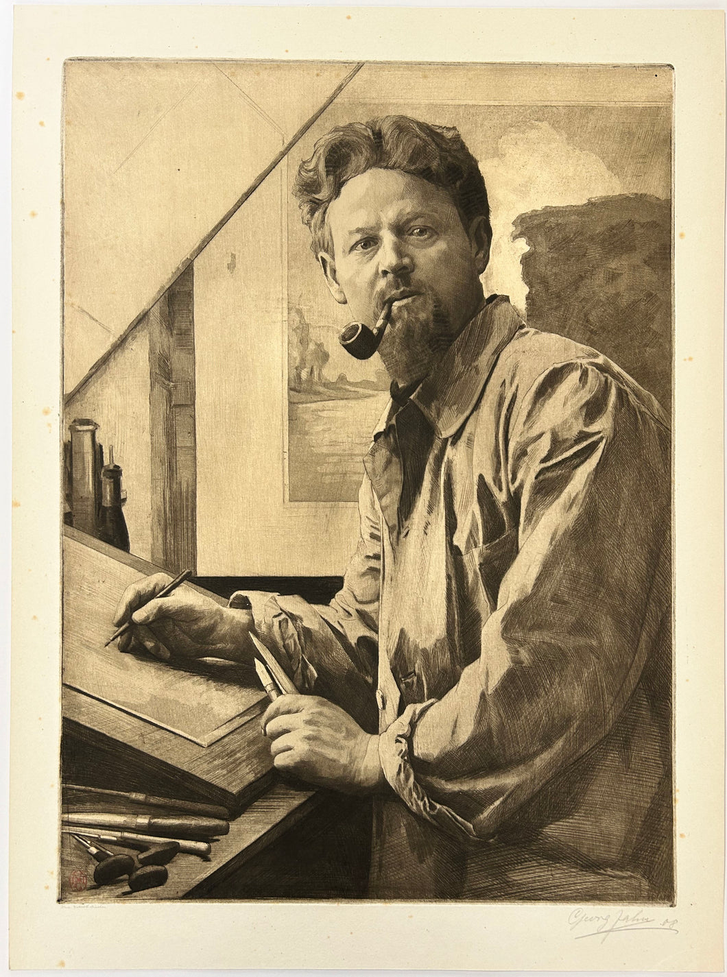 Autoportrait de l'artiste à son bureau.  1908.