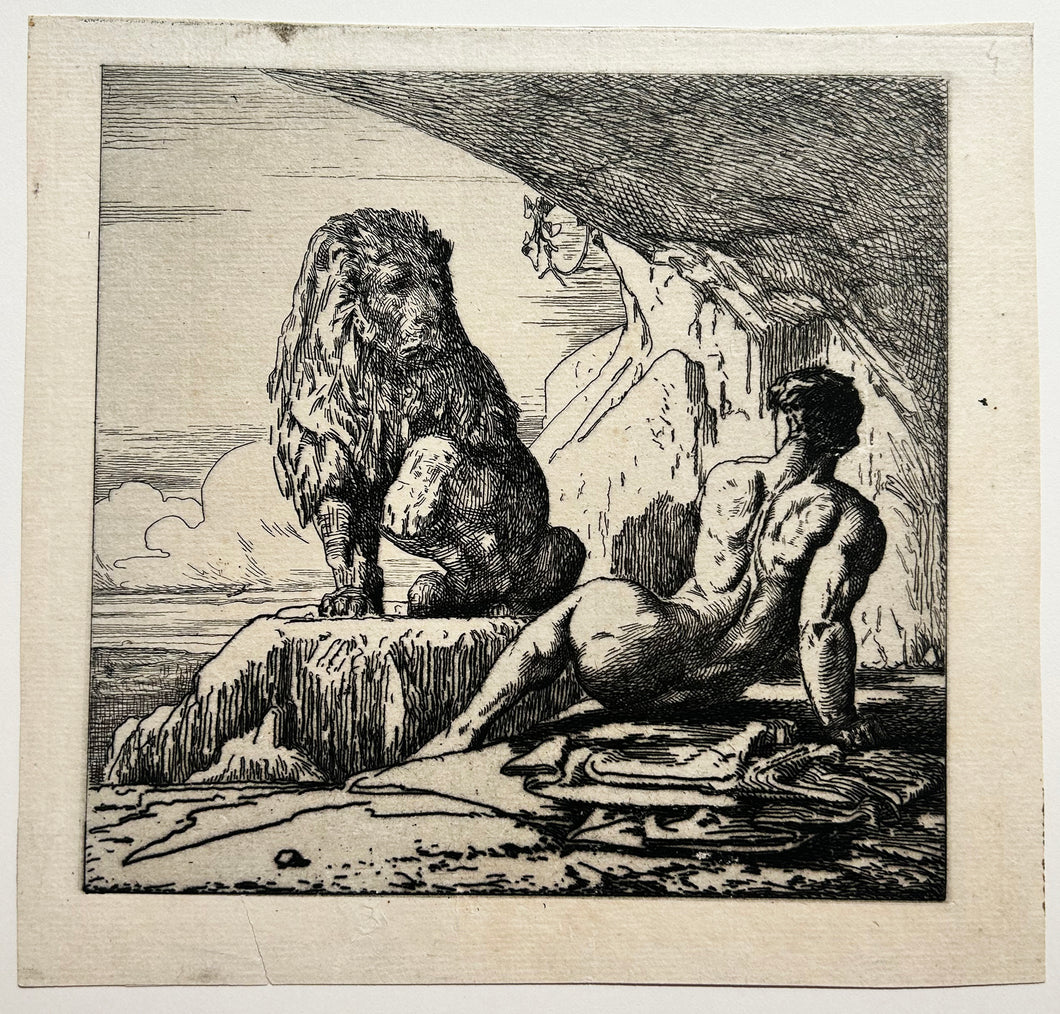 François CHIFFLART - [Androclès assis de dos et le lion]. Eau-forte originale. 