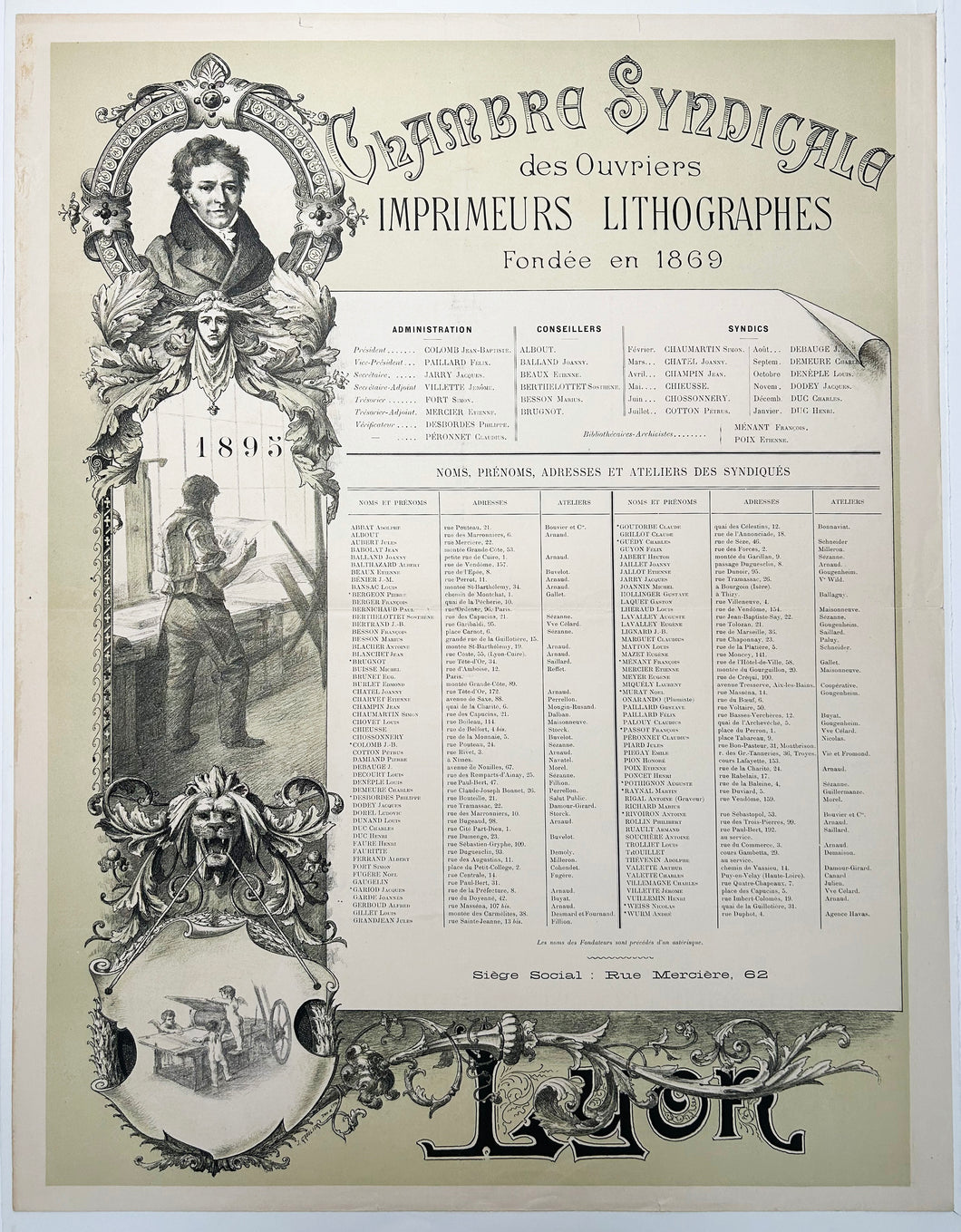 Affiche pour la Chambre syndicale des Ouvriers Imprimeurs Lithographes fondée en 1869 (à Lyon).  1895.
